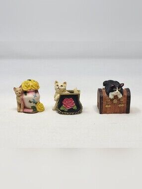 Lennox Miniature Victorian Cat Thimbles Kitty Flowers Purse Black White set of 3